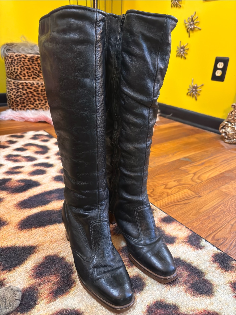 Vintage Cobbies Black Leather Knee-High Block Heeled Boots 6.5